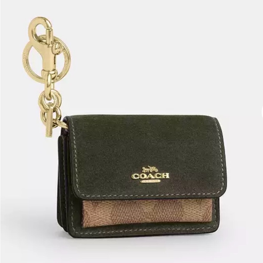 Coach Olive Green and Brown Leather Key & Card Holder with Gold Hardware
